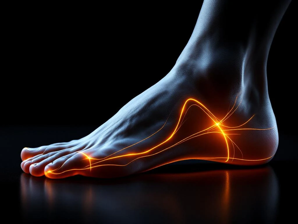 Menselijke voet in profiel met afgeplatte voetboog, oranje anatomische markering op zwarte achtergrond