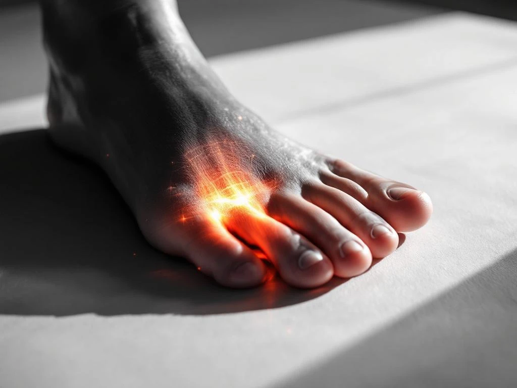 Blote voet met platte voetboog op witte ondergrond, medische diagramelementen, oranje accentverlichting voor fysiotherapie