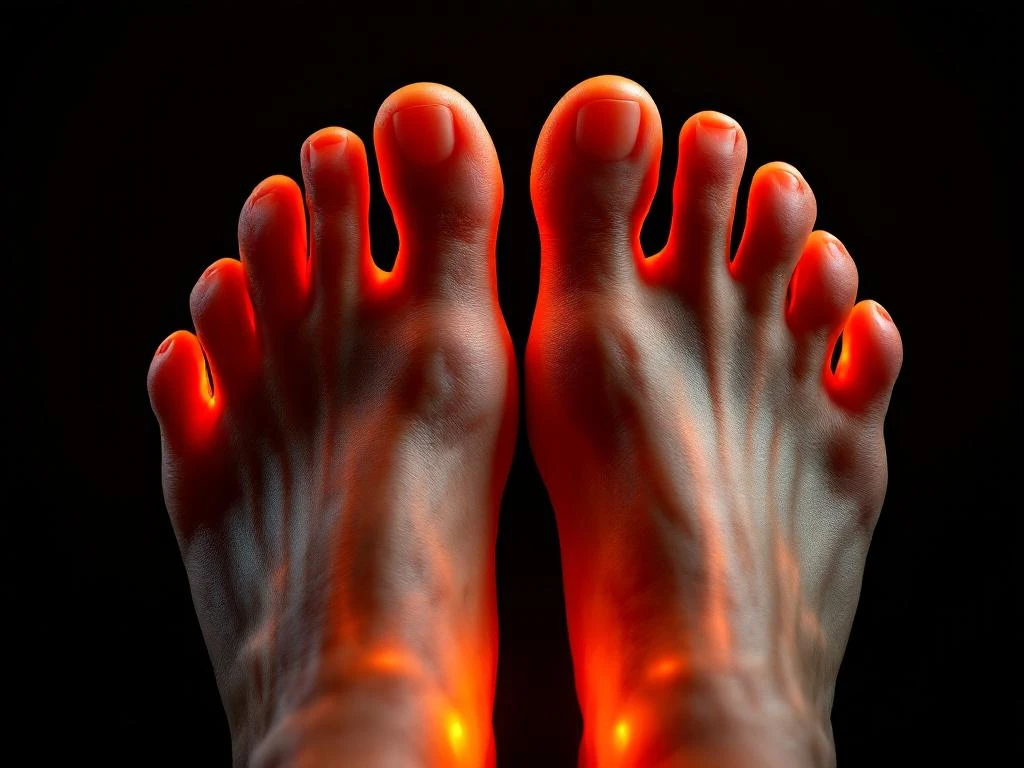 Blote voeten met platte voetbogen tegen zwarte achtergrond, verlicht met oranje medische verlichting