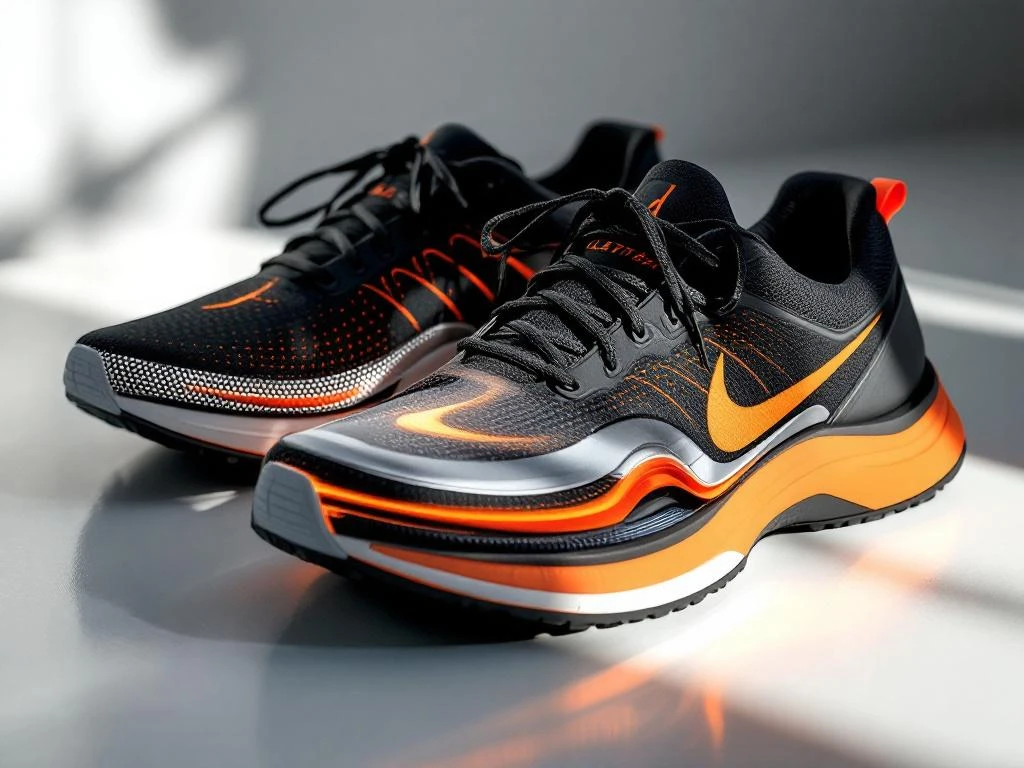 Zwarte hardloopschoenen met oranje accenten en zichtbare boogondersteuning voor platte voeten op witte achtergrond