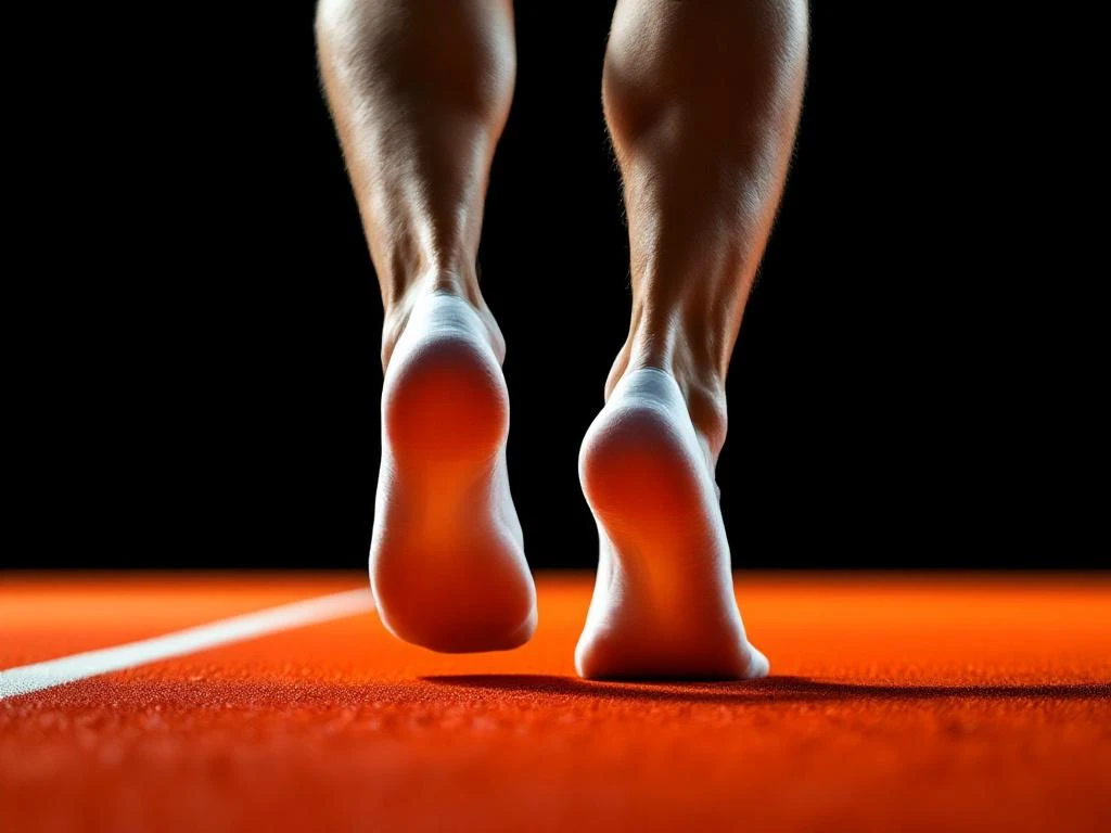 Atletische voeten met platte voetboog in beweging op oranje atletiekbaan tegen zwarte achtergrond