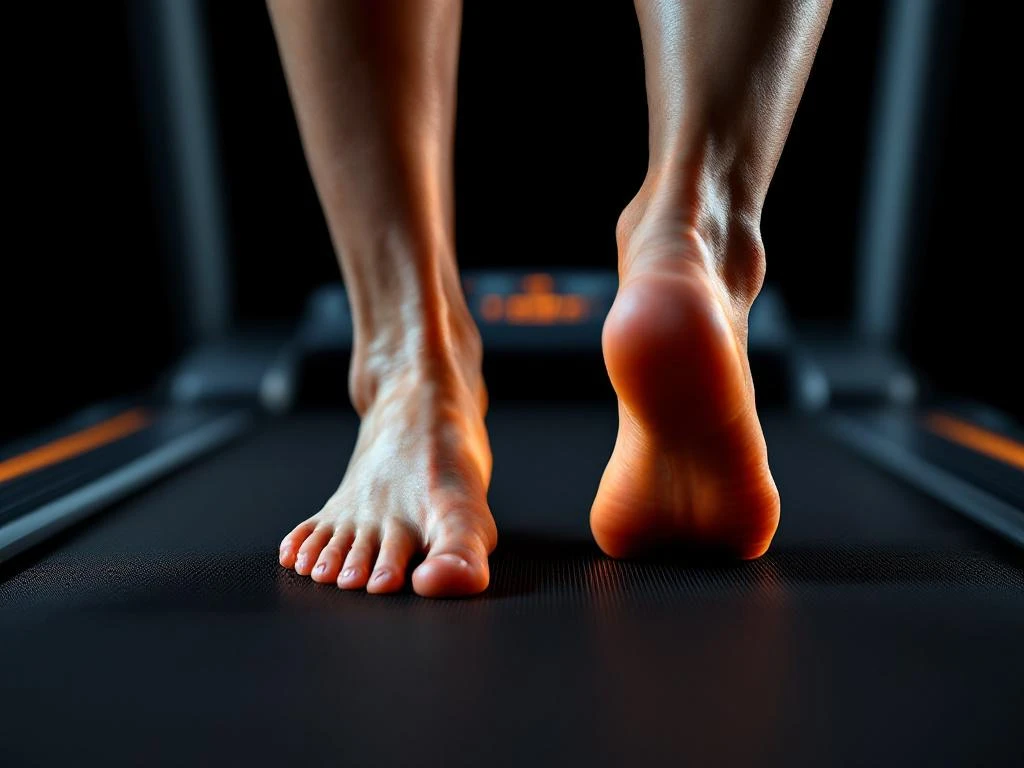 Blote voeten met platte voetboog op loopband tijdens hardlopen, met oranje accentverlichting op drukpunten