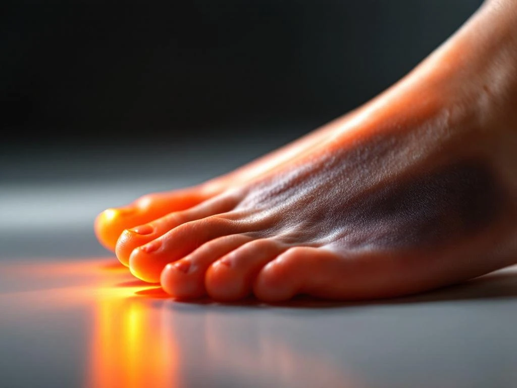 Blote voeten op witte ondergrond, één voet toont platte voetboog, dramatische belichting benadrukt voetstructuur