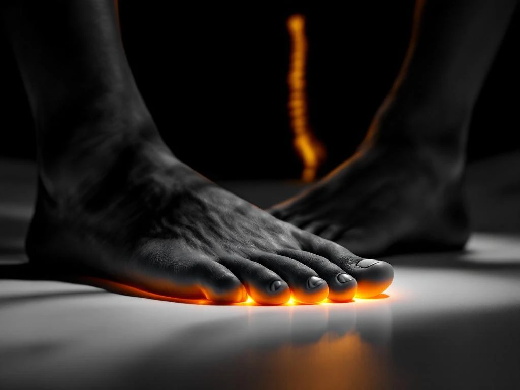 Blote voet met platte voetboog op witte ondergrond, oranje therapeutisch licht, ruggengraat silhouet op achtergrond