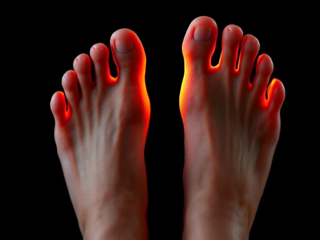 Blote voeten van opzij met platte voetboog, dramatisch oranje-rood verlicht tegen zwarte achtergrond voor fysiotherapie