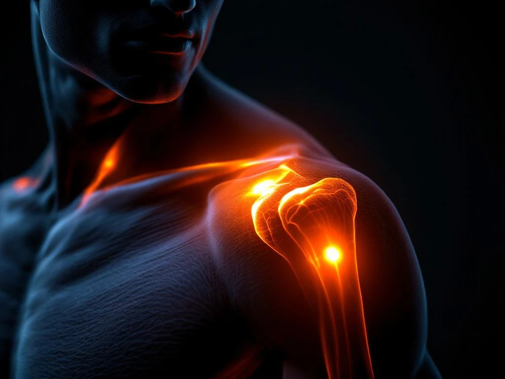 Anatomische illustratie van schouder met oranje gemarkeerde spiergroepen die pijnpunten tonen tegen zwarte achtergrond