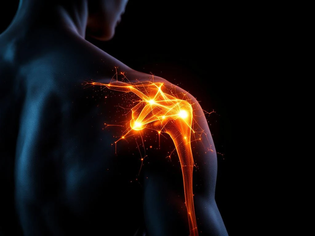 Schouder en bovenarm met therapeutisch oranje-rood licht tegen zwarte achtergrond, fysiotherapie behandeling concept