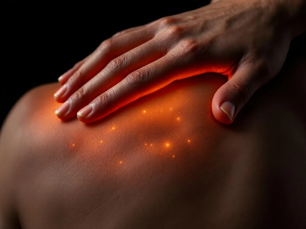 Therapeutische massage van schouder en bovenrug met warme verlichting die spiercontouren benadrukt