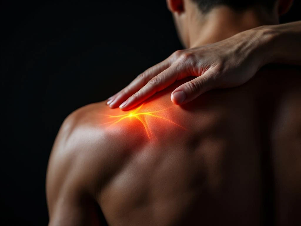 Persoon voert schouderstretch uit met hand op tegenovergestelde schouder, dramatische oranje-rode belichting