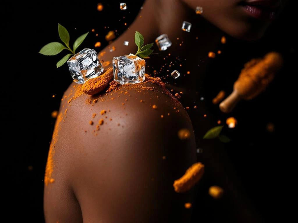 Gezonde schouder met natuurlijke geneesmiddelen zoals eucalyptus, ijs, massagetool en kurkuma tegen zwarte achtergrond