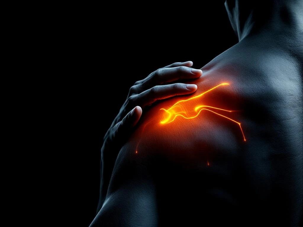 Persoon raakt pijnlijke schouder aan tegen zwarte achtergrond met warme oranje-rode verlichting voor fysiotherapie