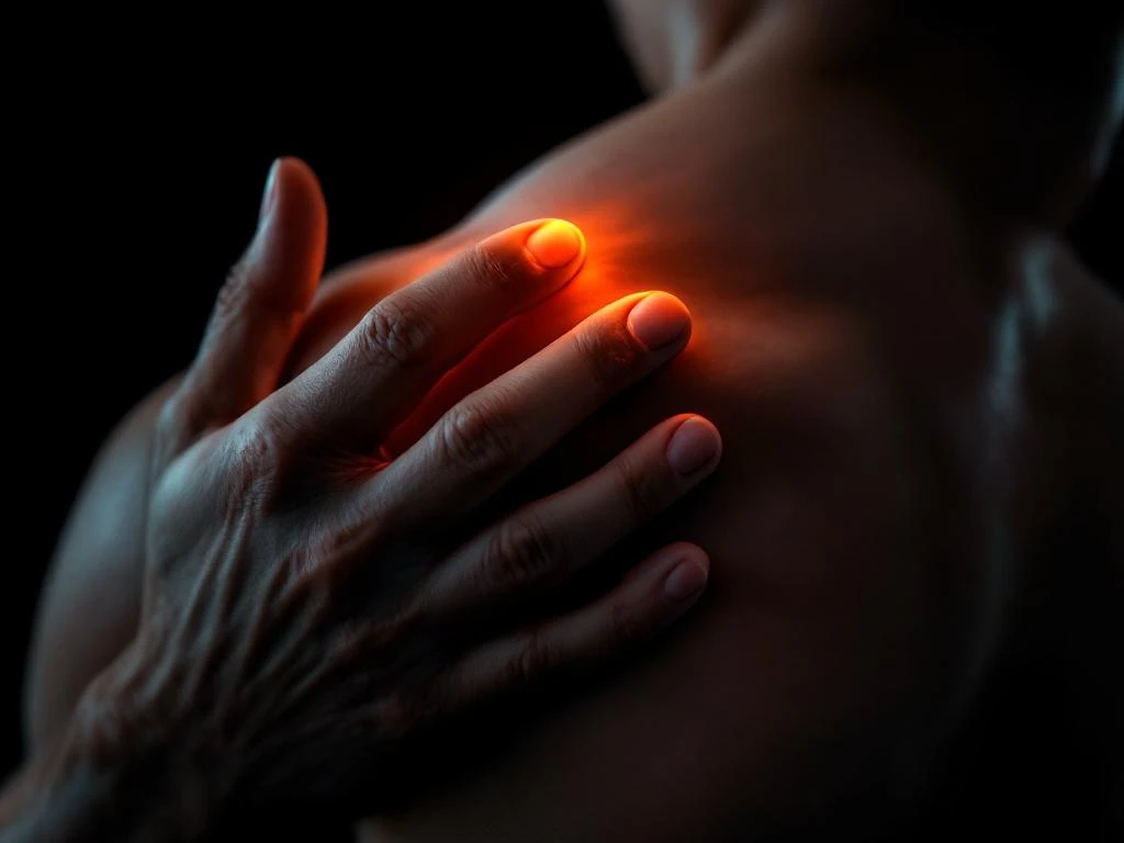 Persoon raakt pijnlijke schouder aan met dramatische oranje verlichting die spierdefiniëring en spanning benadrukt