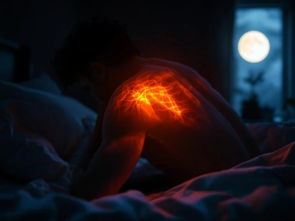 Persoon met schouderpijn ligt 's nachts in bed, dramatische oranje-rode belichting benadrukt pijnlijke schouder