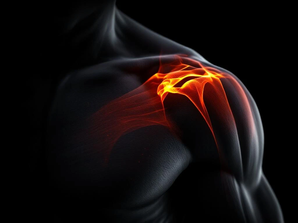 Gespannen schouder met gedefinieerde spieren tegen zwarte achtergrond, dramatisch verlicht met oranje-rode accenten