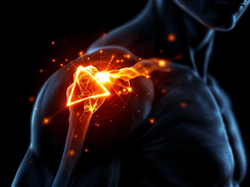 Menselijke schouder met gespannen spieren en oranje-rode pijnpunten tegen zwarte achtergrond, medische visualisatie