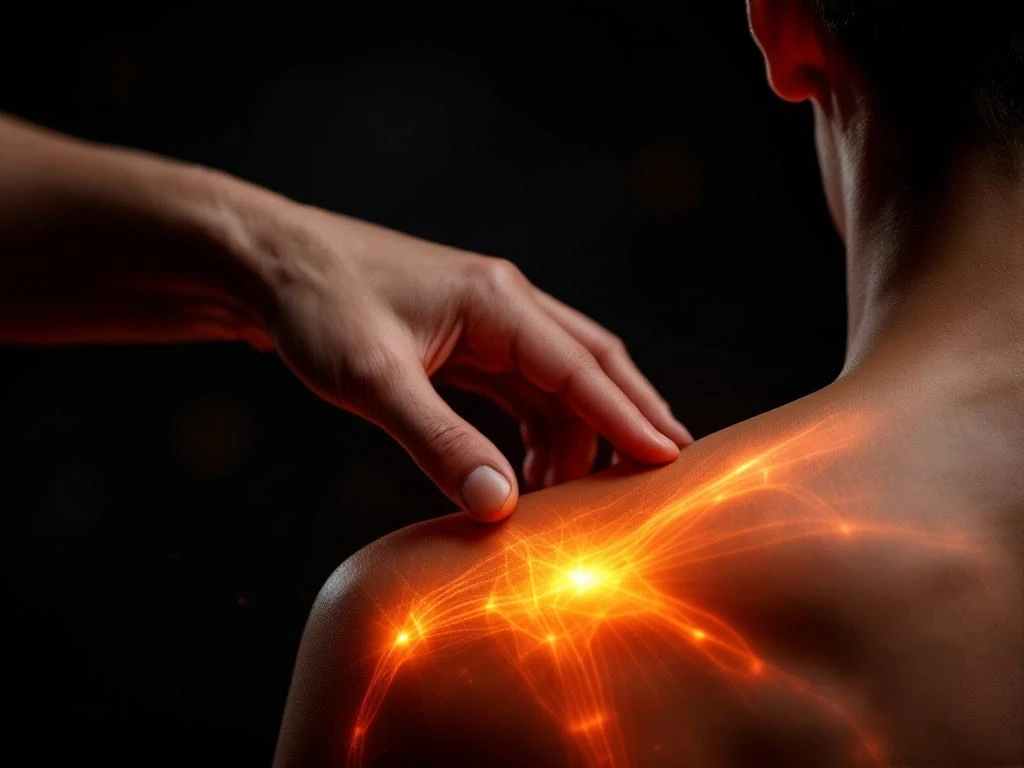 Persoon raakt schouder aan tijdens stretchoefening, dramatische oranje verlichting benadrukt spierdefiniție en beweging