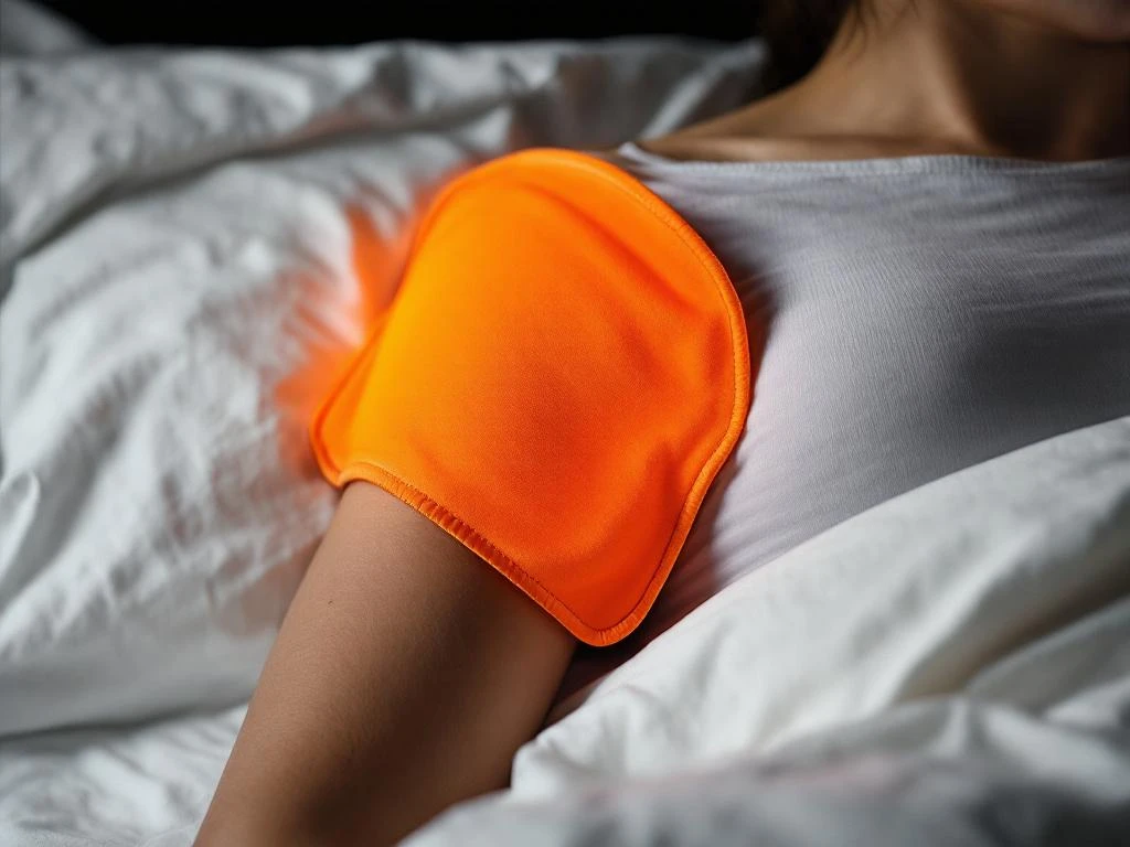 Persoon ligt op wit kussen met oranje-rode warmtekussen op schouder voor pijnverlichting en therapie