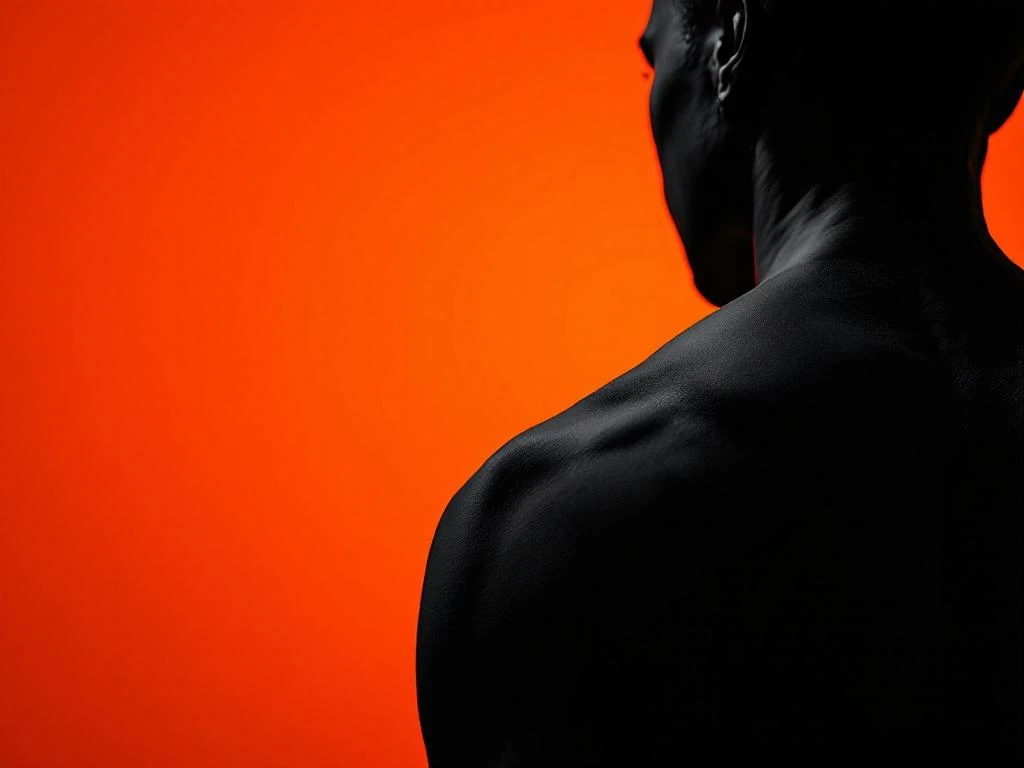 Persoon met slechte houding en ronde schouders in zwart silhouet tegen oranje achtergrond, dramatische belichting