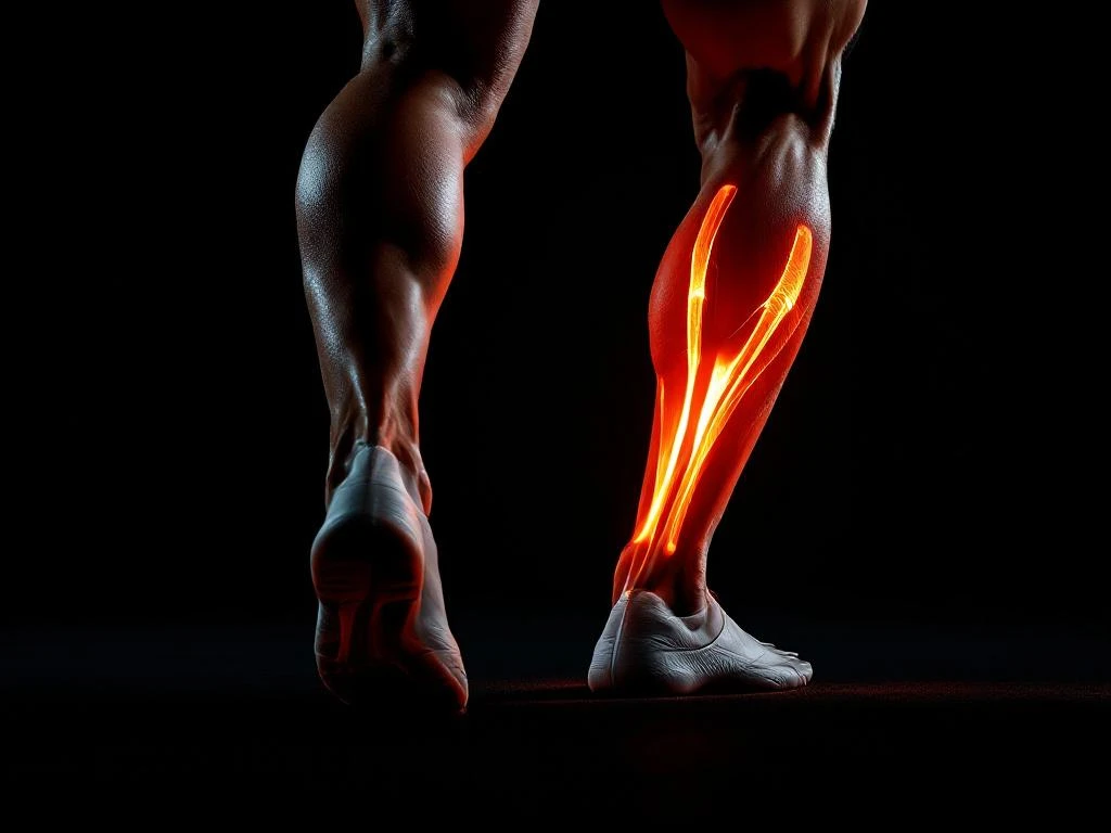 Atletische been in beweging met oranje verlichte hamstringspier tegen zwarte achtergrond, close-up van spierblessure