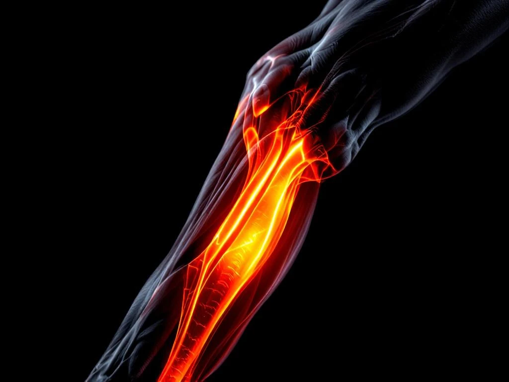 Hamstringspier van atleet tijdens hardlopen, verlicht met oranje-rood licht tegen zwarte achtergrond