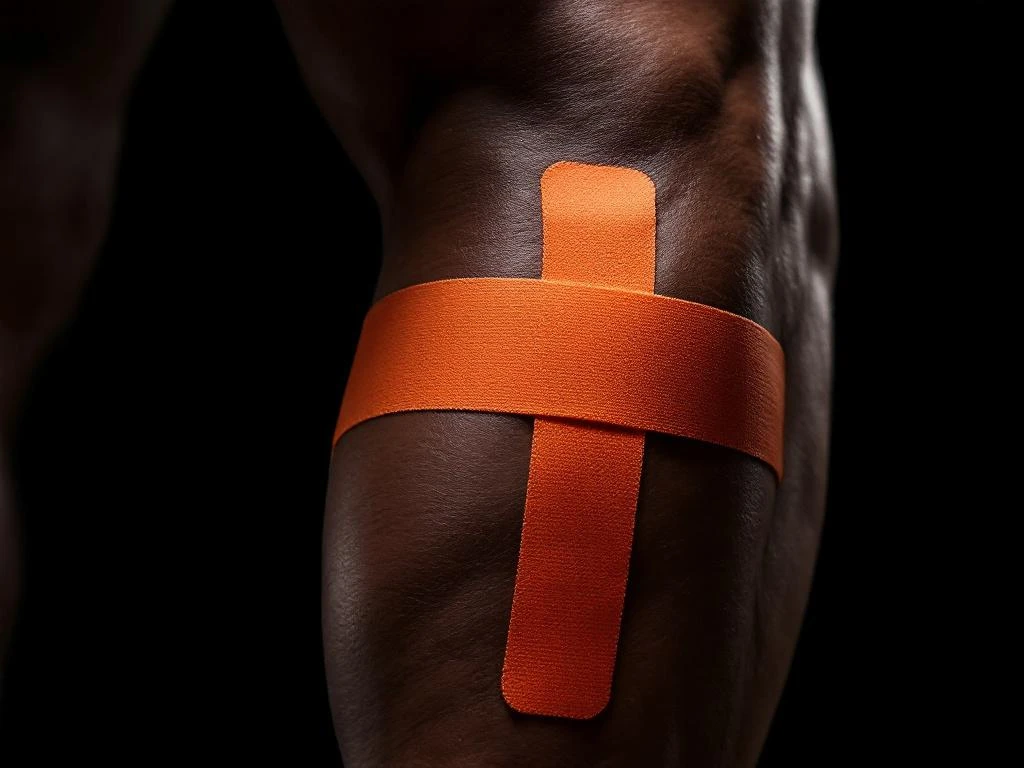 Achterkant bovenbeen met oranje kinesiotape op hamstringspier, close-up tegen zwarte achtergrond