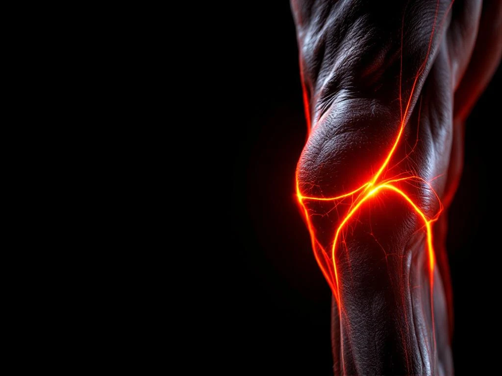 Close-up van hamstringspier met oranje accentverlichting die spierspanning toont tegen zwarte achtergrond