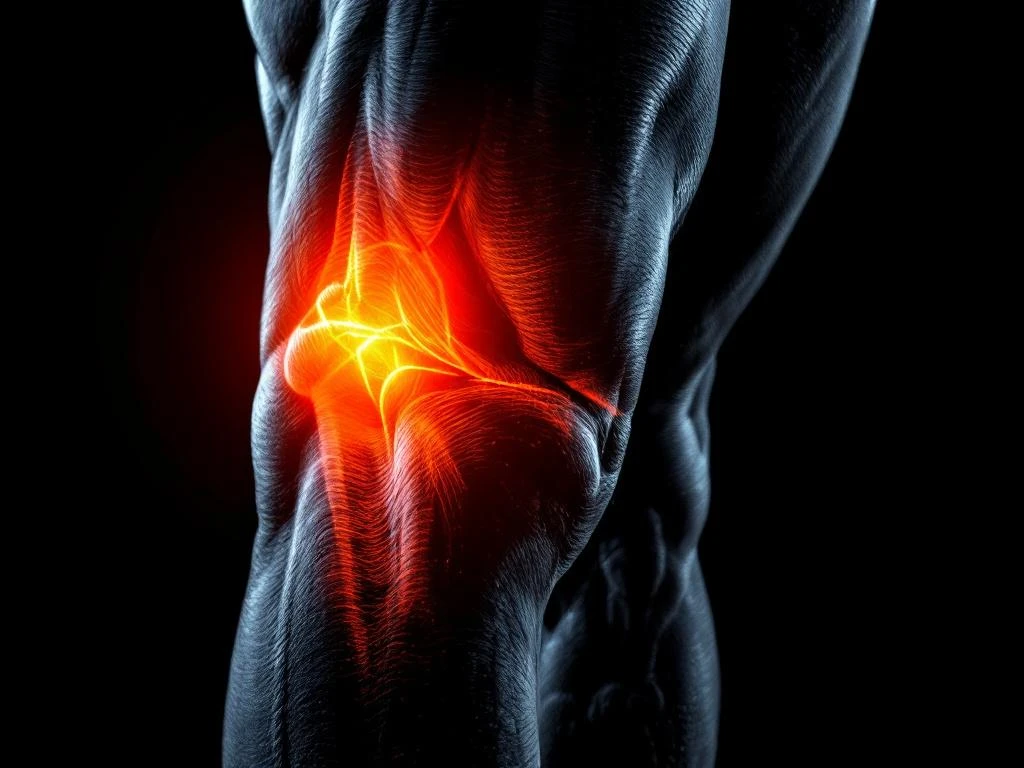 Hamstringspier met oranje overlay die spierstructuur en mogelijk blessuregebied toont op atletische bovenbeen