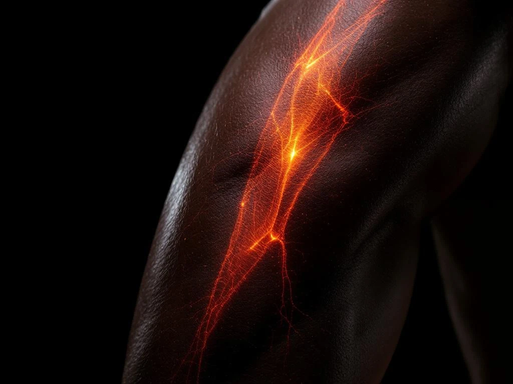 Close-up van bovenbeen met oranje gemarkeerde hamstringspier die ontsteking of blessure toont op zwarte achtergrond