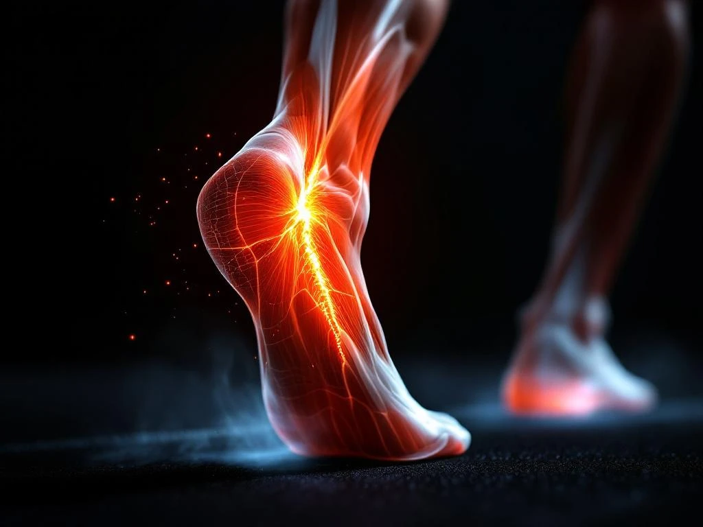 Hamstringspier met scheur in koraaloranje tegen zwarte achtergrond, atletisch been in beweging tijdens hardlopen.