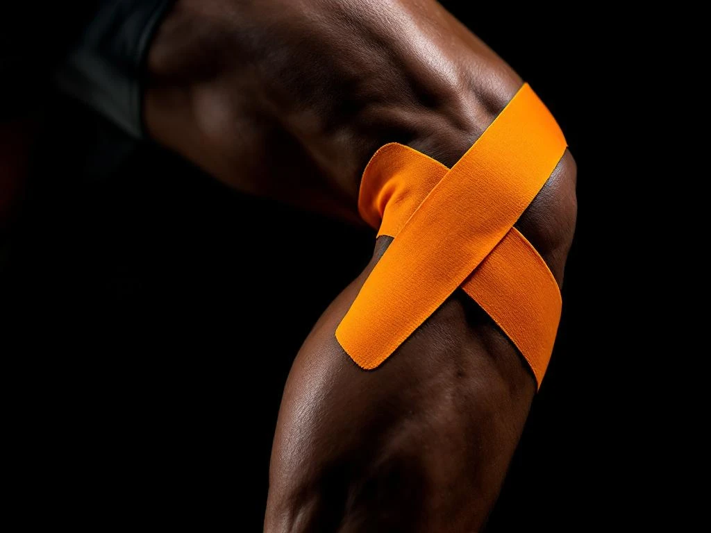 Atletische beenspier met oranje therapeutische tape op hamstring tegen zwarte achtergrond