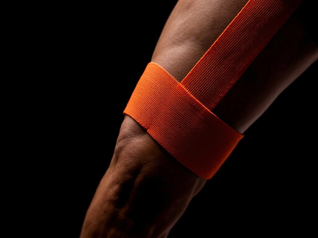 Atletische bovenbeen met oranje kinesiotape op hamstring, dramatische belichting op zwarte achtergrond
