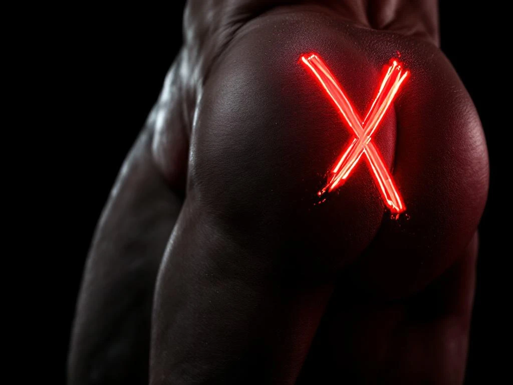 Atletische hamstringspier met rood kruis erop geprojecteerd tegen zwarte achtergrond, dramatische belichting