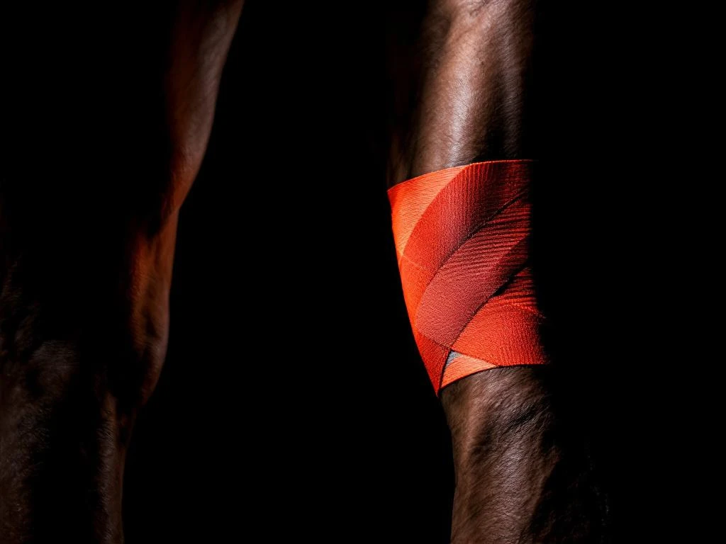 Hamstringspier met oranje kinesiologietape tegen zwarte achtergrond, dramatische belichting benadrukt spierdefinitie