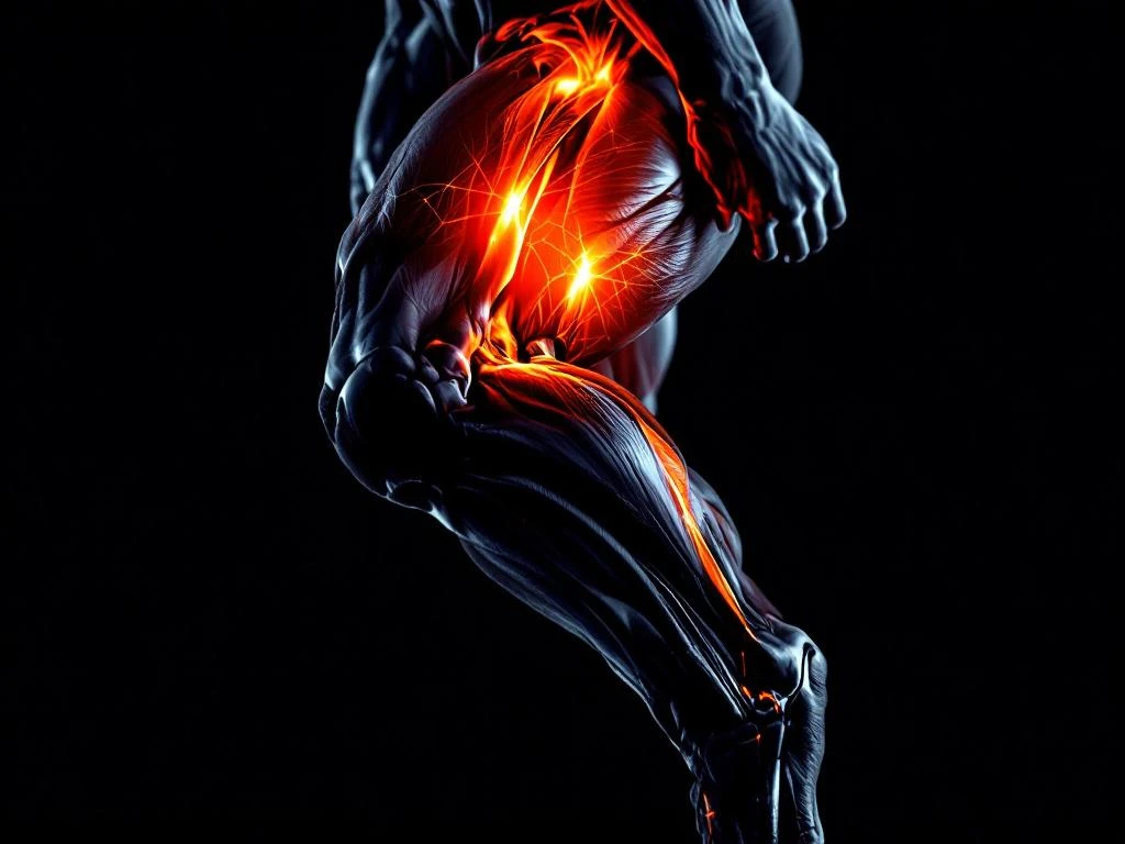 Atleet in beweging met gemarkeerde hamstringspier in oranje licht tegen zwarte achtergrond