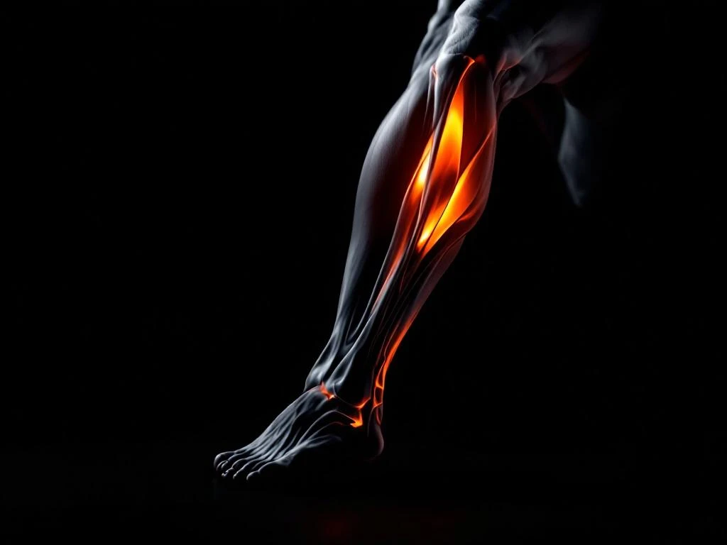 Atletische beenspier in stretchpositie met hamstring benadrukt door dramatische oranje belichting op zwarte achtergrond