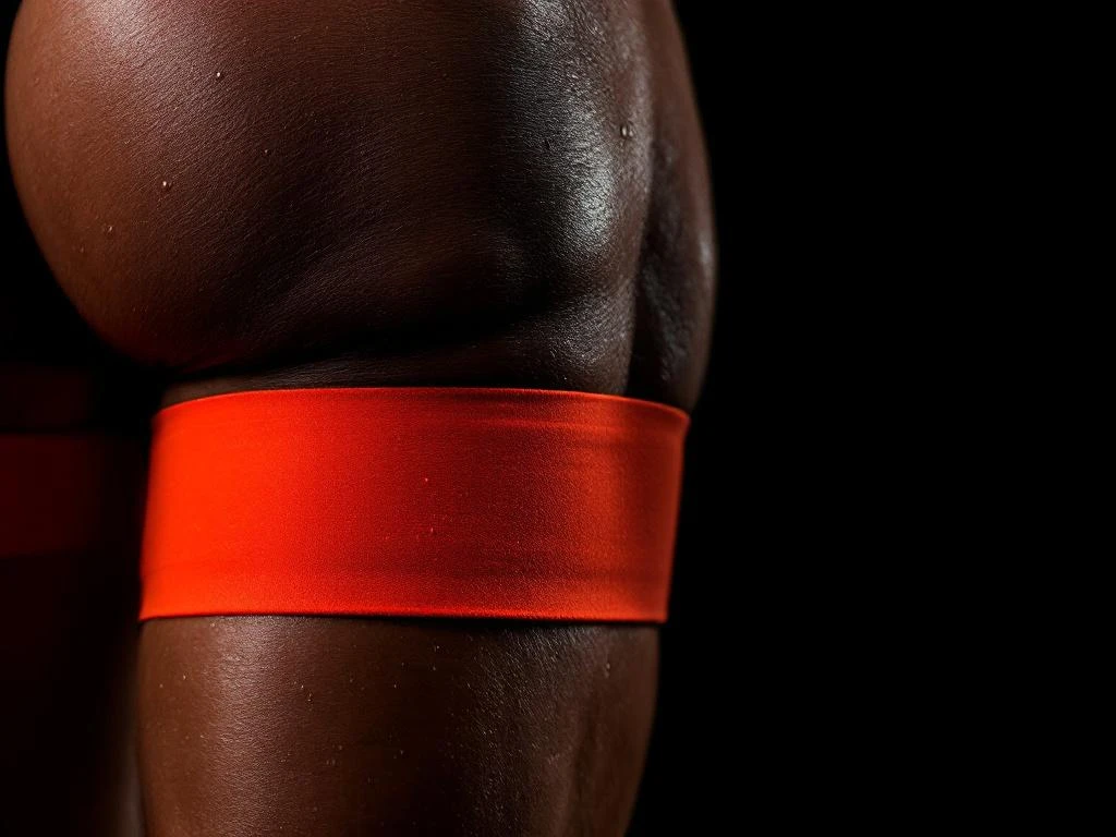 Atletische hamstringspieren tijdens stretching met oranje weerstandsband tegen zwarte achtergrond