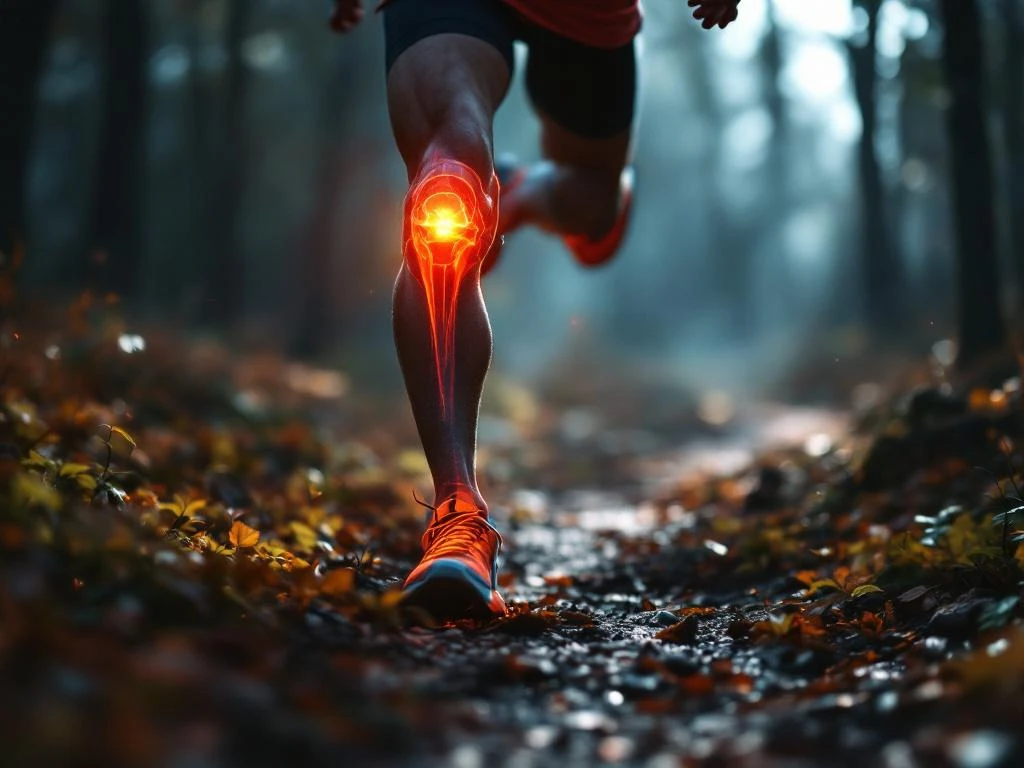 Knie van hardloper in oranje sportkleding tijdens training op bospad, close-up met dramatische belichting