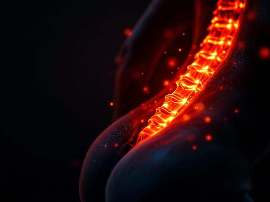 Onderrug verlicht door infrarood warmtetherapie met oranje gloed tegen zwarte achtergrond voor pijnverlichting