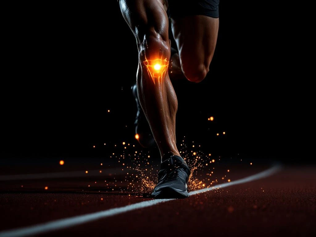 Knie van hardloper in beweging met oranje anatomische stresszone gemarkeerd op zwarte achtergrond