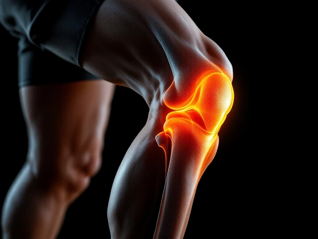 Close-up van knie van hardloper met oranje medische visualisatie van patellofemorale stresszone tijdens beweging