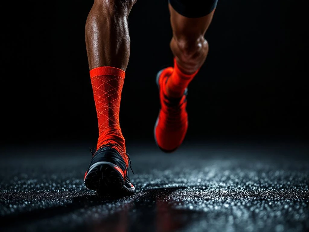 Knie van hardloper met oranje kinesiotape, gefotografeerd tijdens het rennen op asfalt