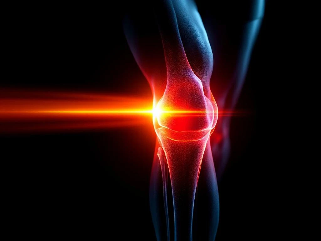 Close-up van een lopers knie met roodheid en spanning, dramatisch verlicht met oranje gradient op zwarte achtergrond.