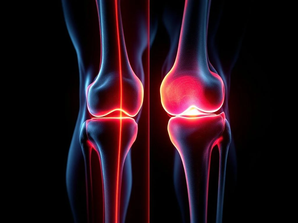 Knie in profiel met verlichte IT-band en meniscus in koraal-oranje tegen zwarte achtergrond, medische visualisatie