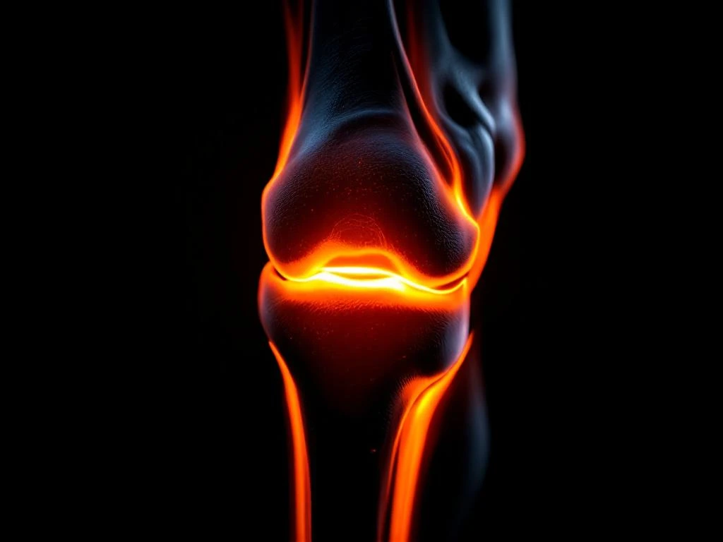 Kniegewricht in dramatisch oranje licht tegen zwarte achtergrond, toont spanning en kwetsbare anatomische structuur