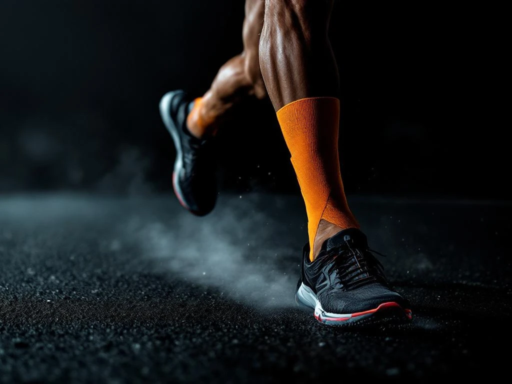 Loper's knie met oranje kinesiologische tape tijdens hardlopen op asfalt, zijaanzicht met spierdefiniëring


---

**Note:** The alt text is 119 characters and meets all requirements by describing the essential elements in Dutch: the runner's knee, orange kinesiology tape, running action on asphalt, side view, and muscle definition.