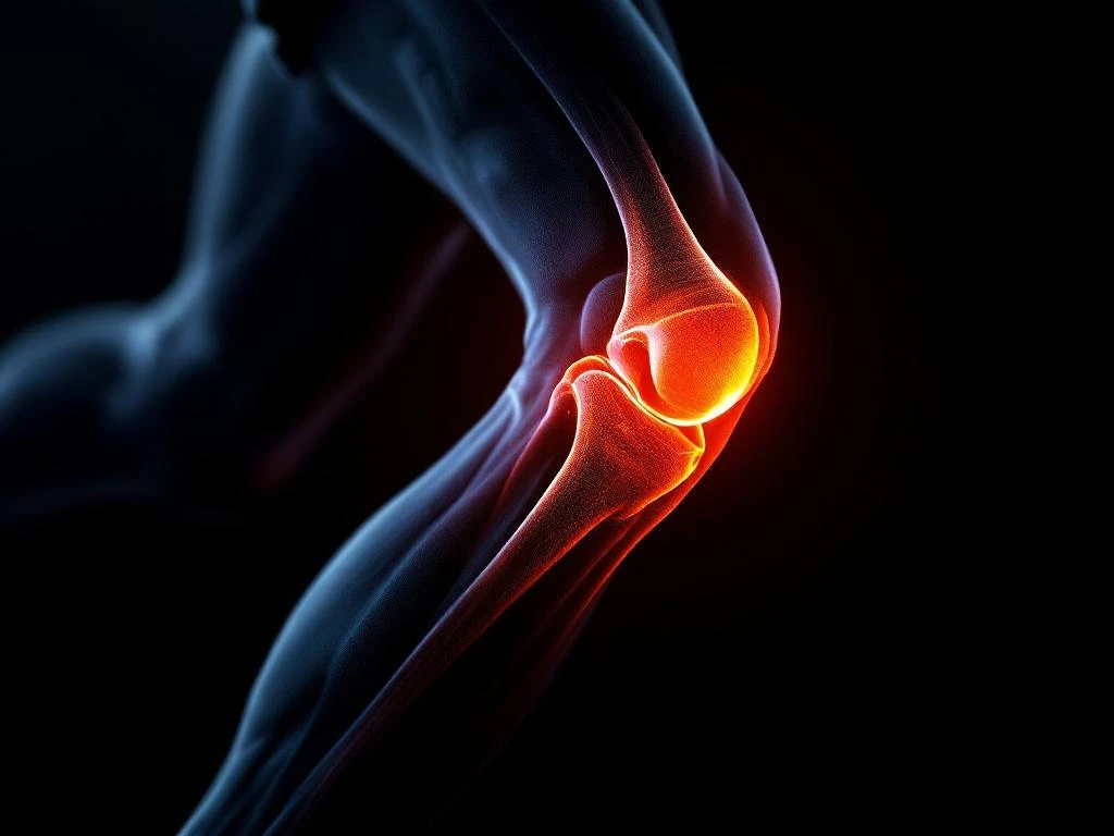 Knie van hardloper met oranje anatomische overlay die laterale structuren toont, zijaanzicht op zwarte achtergrond