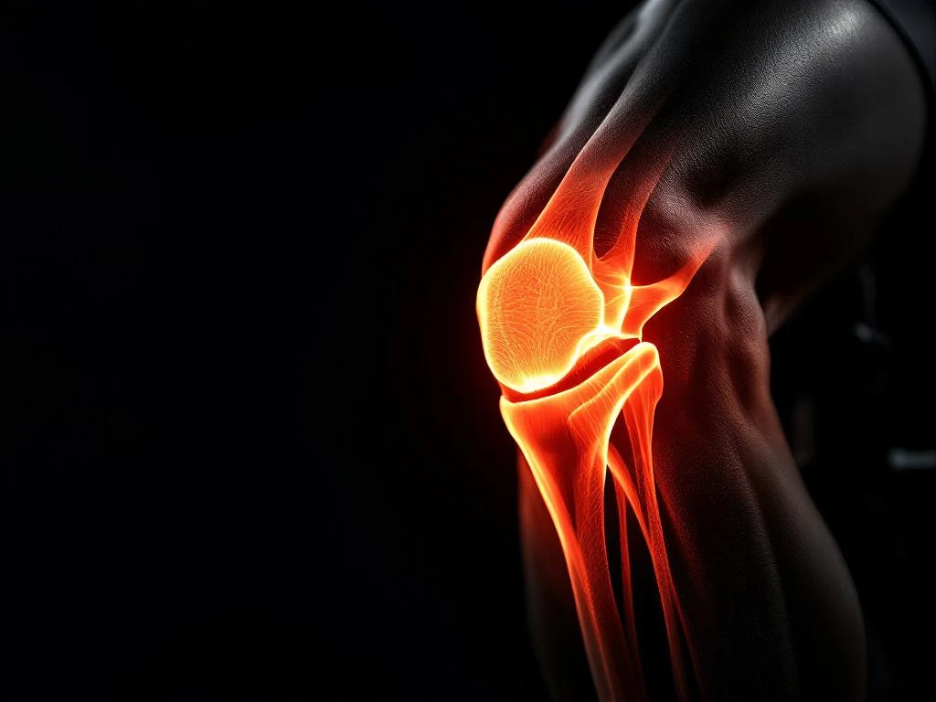 Anatomische close-up van knie met benadrukt knieschijf en pezen, fietsenpedaal op voorgrond voor revalidatie