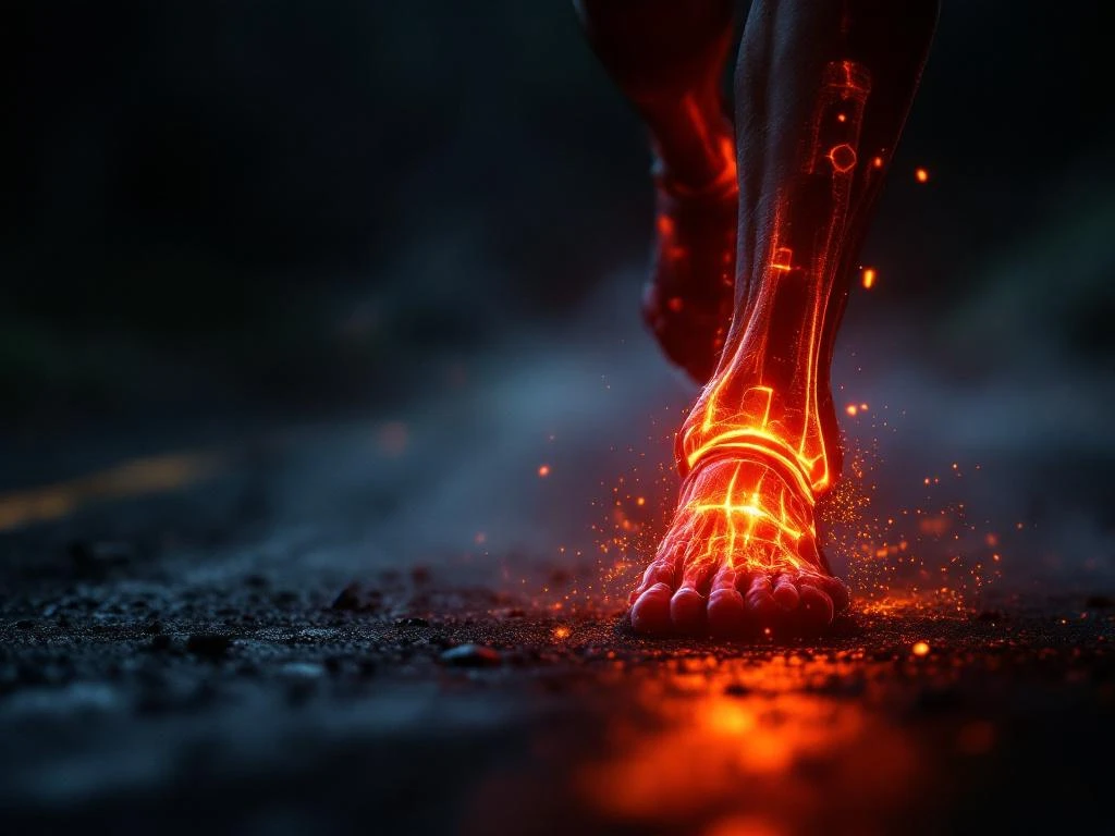 Knie van hardloper met oranje gloeiend licht dat gewrichtsstress en overbelasting visualiseert tijdens het rennen