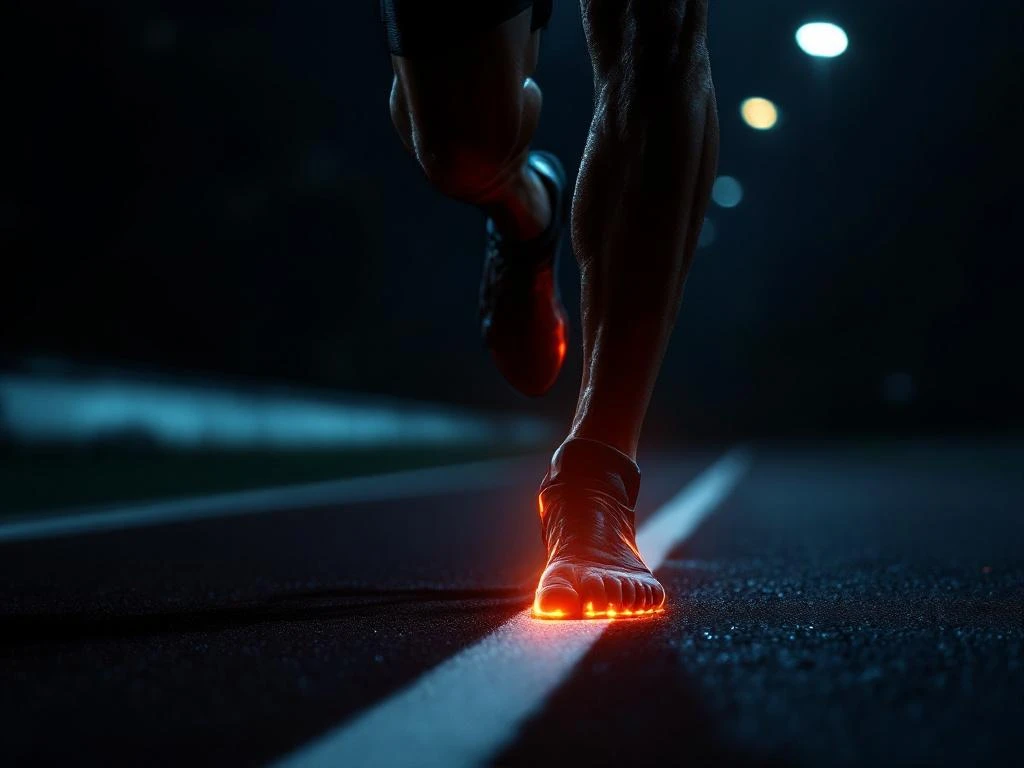 Knie van hardloper tijdens het rennen met oranje accent verlichting die gewrichtspijn of blessure benadrukt