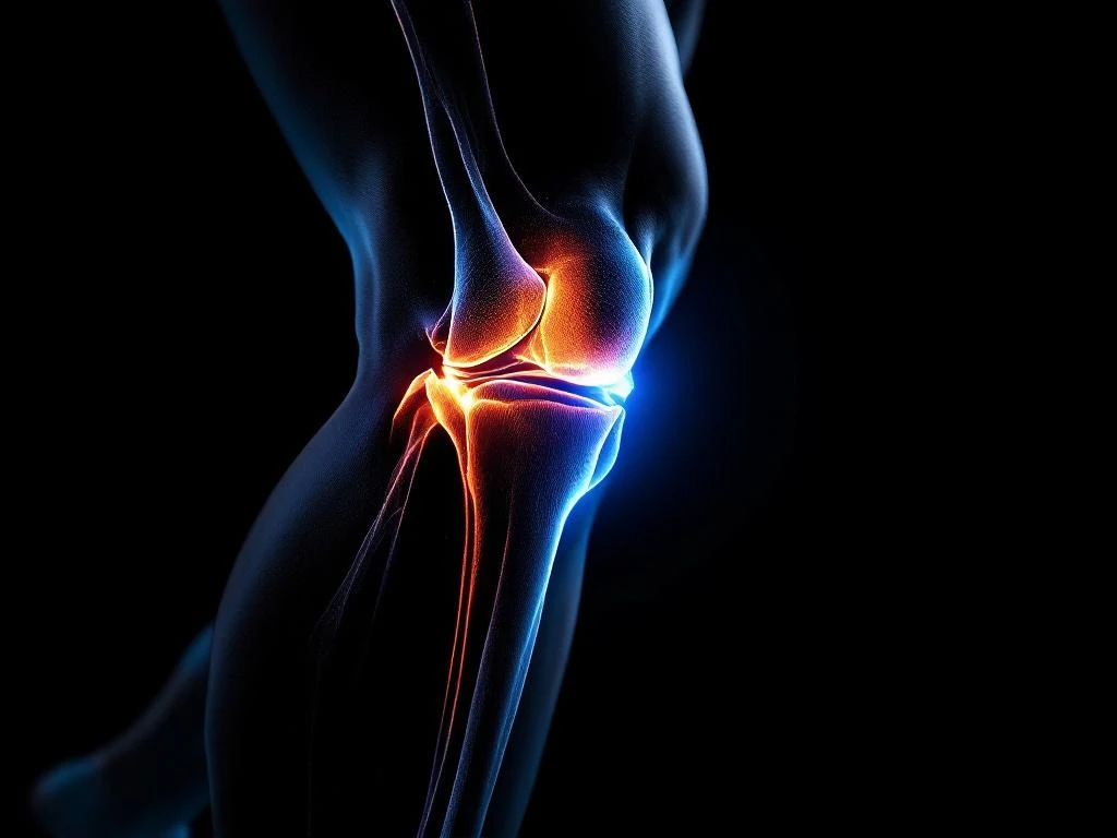 Close-up van een hardloper's knie met oranje accentverlichting op de iliotibiale band die pijnlocatie toont